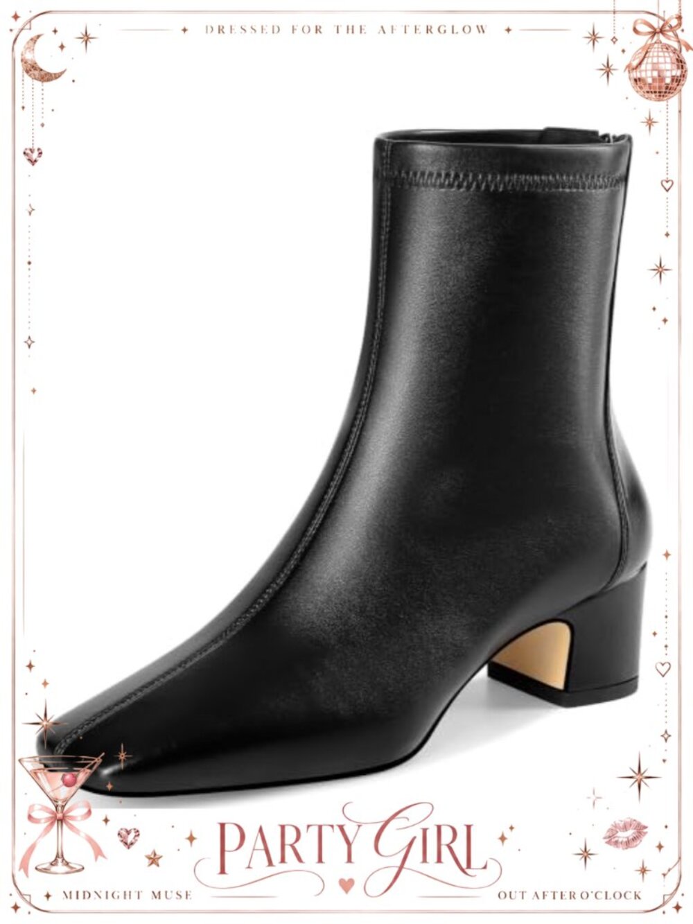 Stretch Ankle Boots Low Block Heel Square Toe Faux Leather Zip Up Booties
